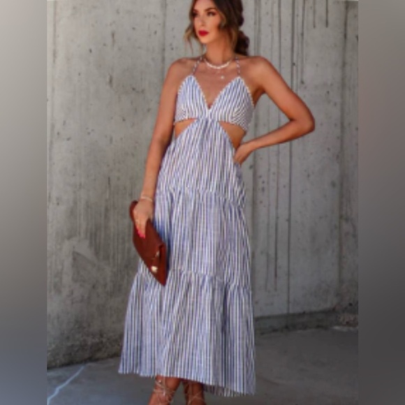 Lush cream/ navy Sail Abroad cotton blend halter cutout maxi dress - Picture 1 of 6